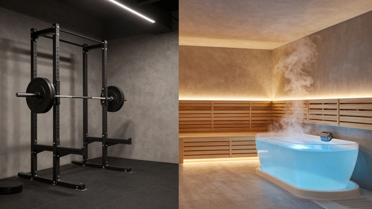 A luxury gym area showing both a heavy weight rack and a recovery cold plunge