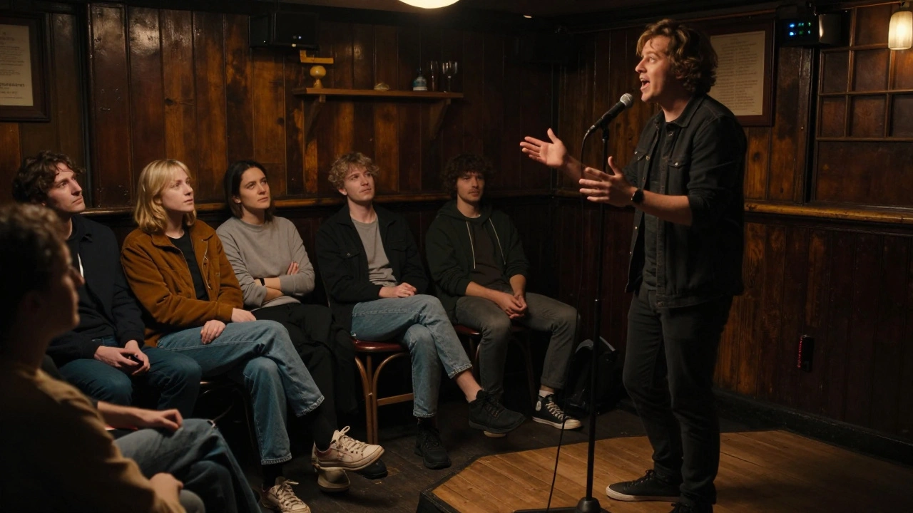 A passionate poet performing on a makeshift stage in a crowded, intimate pub setting.