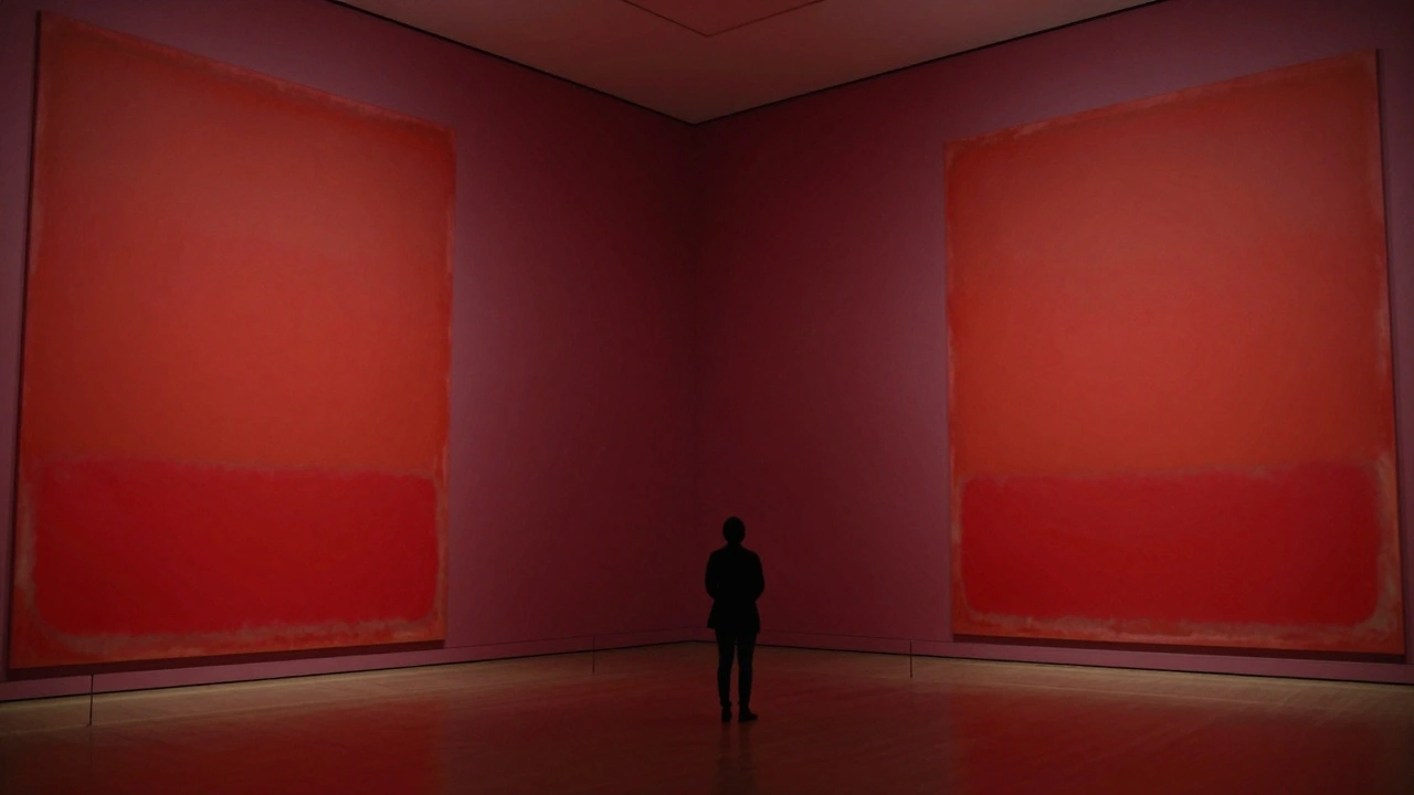 A person standing in a room surrounded by massive, deep red Mark Rothko paintings.