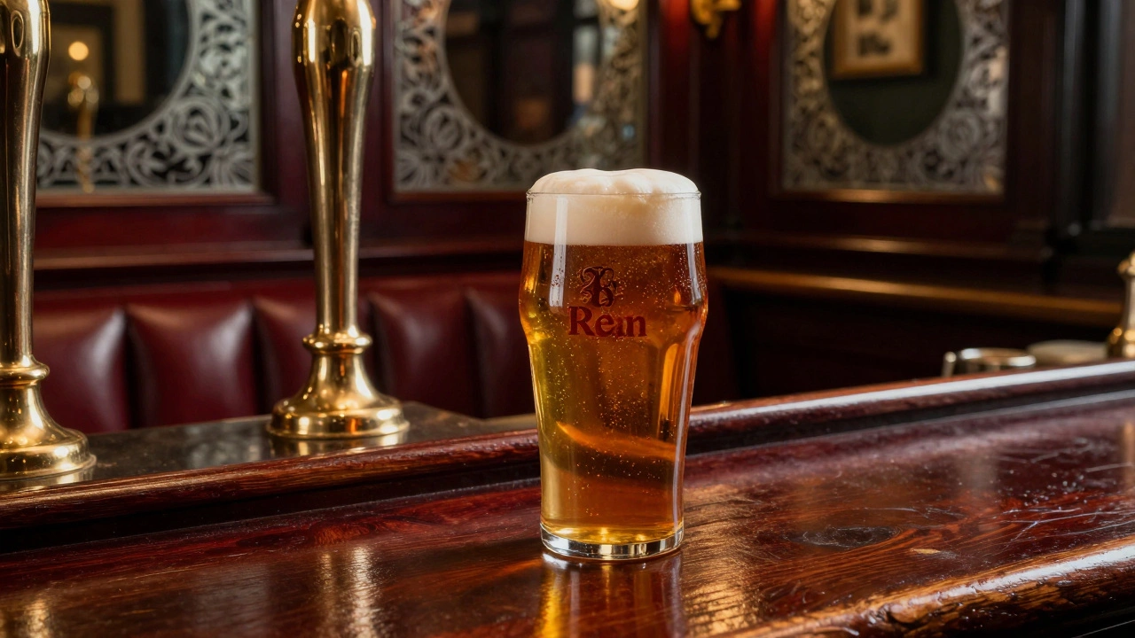 A pint of real ale on a polished mahogany bar with vintage mirrors and red leather booths.