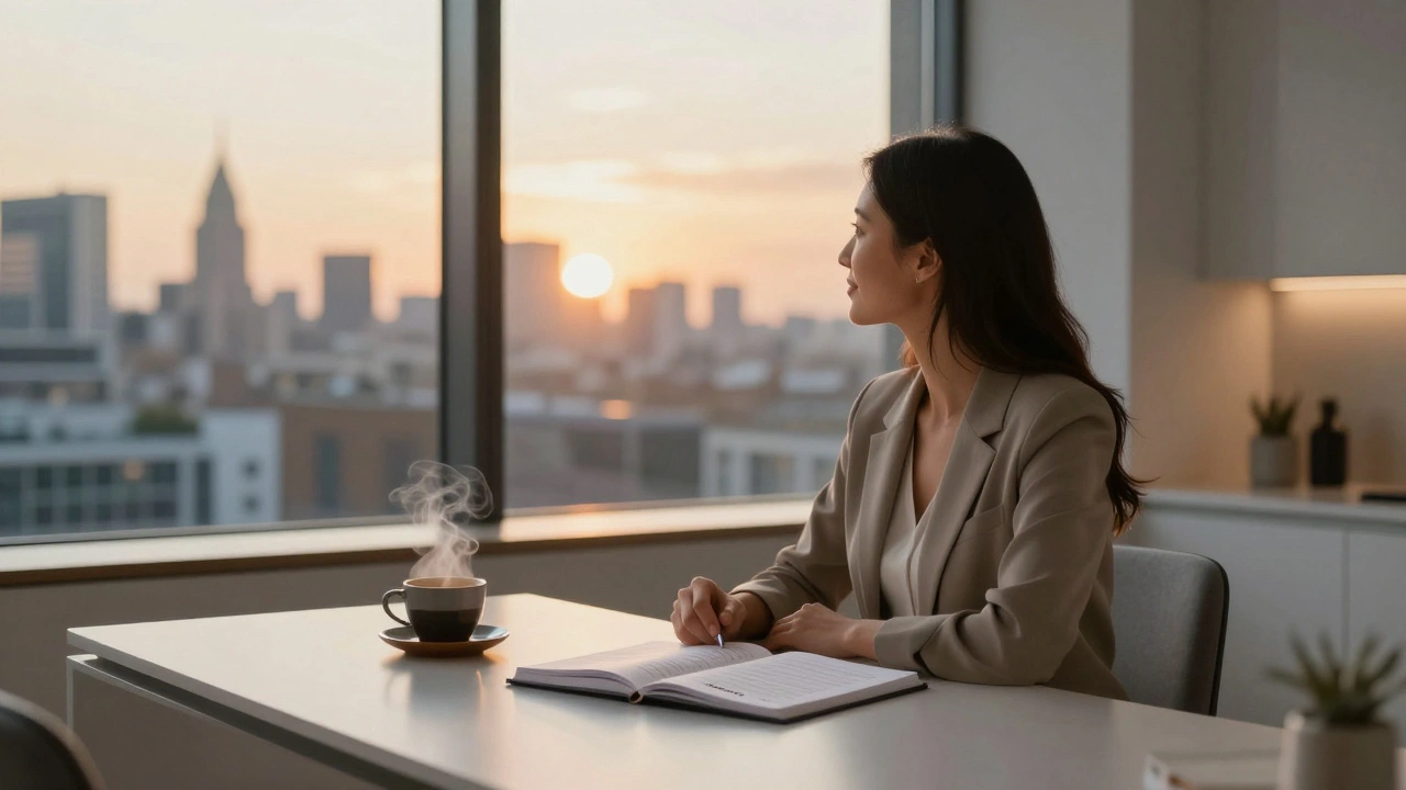 A professional planning their future career strategy in a modern London office at sunset.
