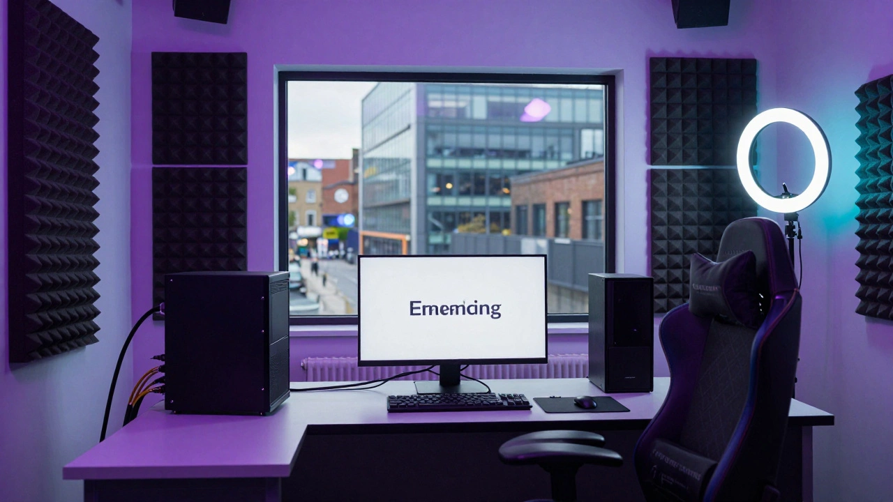 A professional streaming studio in East London with acoustic panels and neon lighting