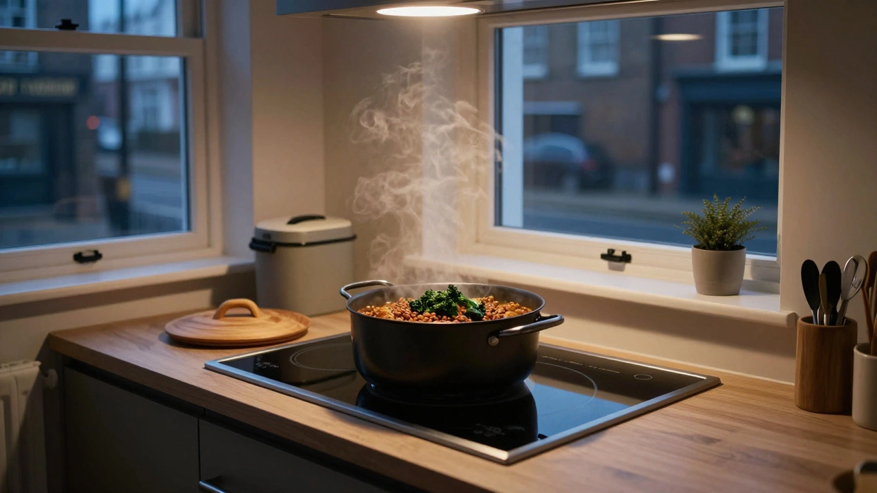 A steaming pot of lentil and kale stew simmering on an induction hob in a cozy London kitchen.