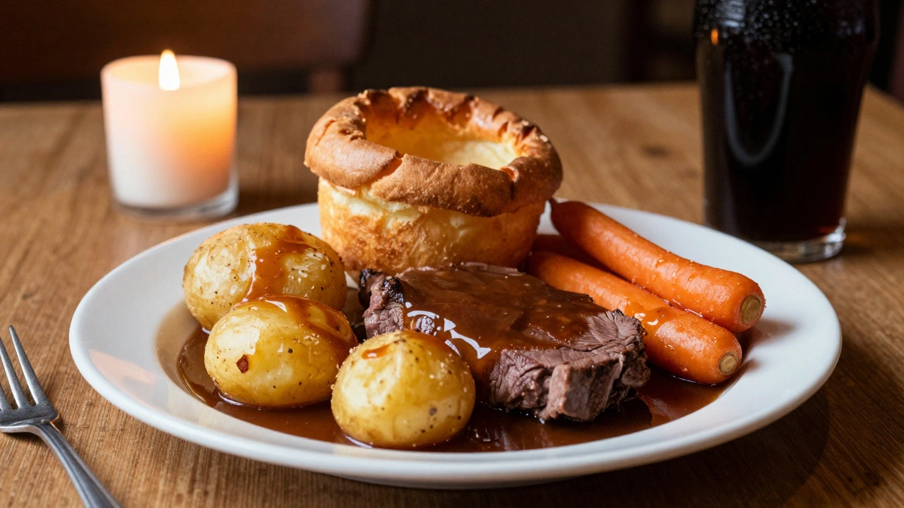 A traditional British Sunday roast with roast beef and Yorkshire pudding on a rustic wooden table.
