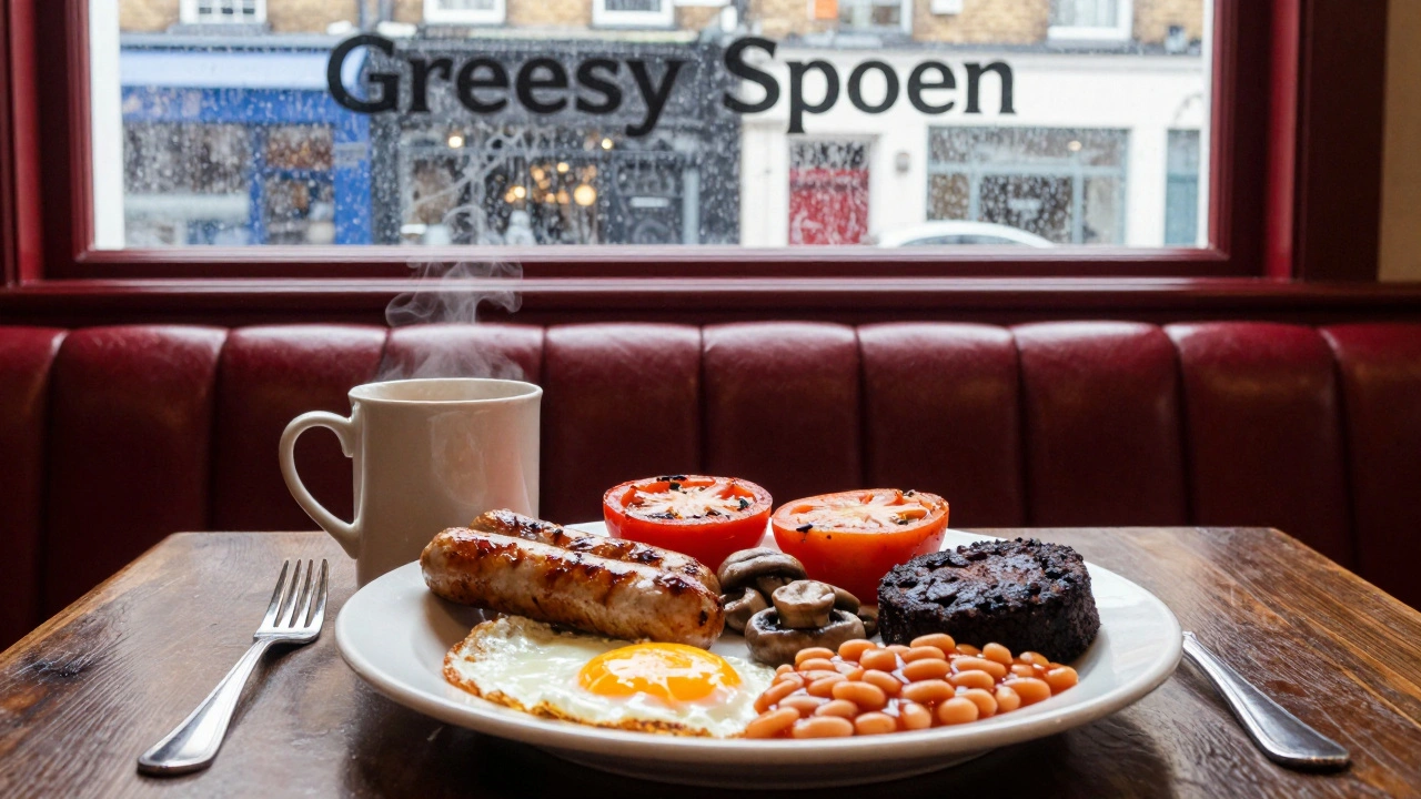 A traditional Full English Breakfast with eggs, sausages, and tea in a cozy London café booth.