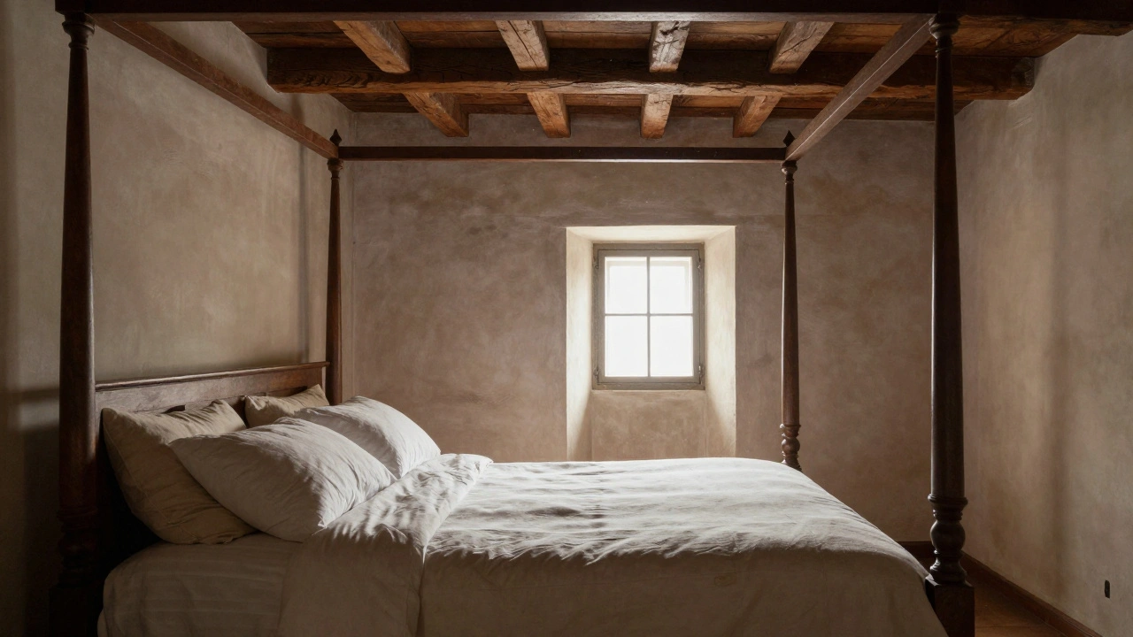 Antique four-poster bed in a historic London bedroom with exposed wooden ceiling beams.