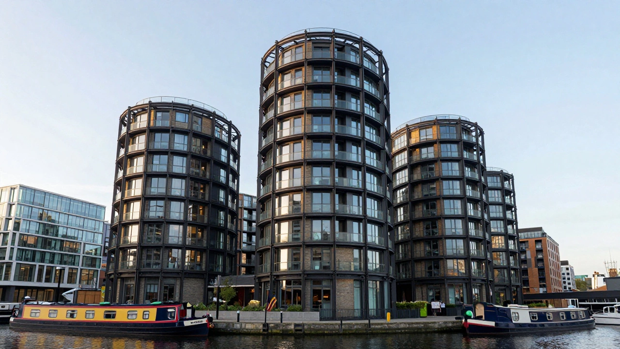Circular Gasholder apartments and the Regent's Canal in the King's Cross district