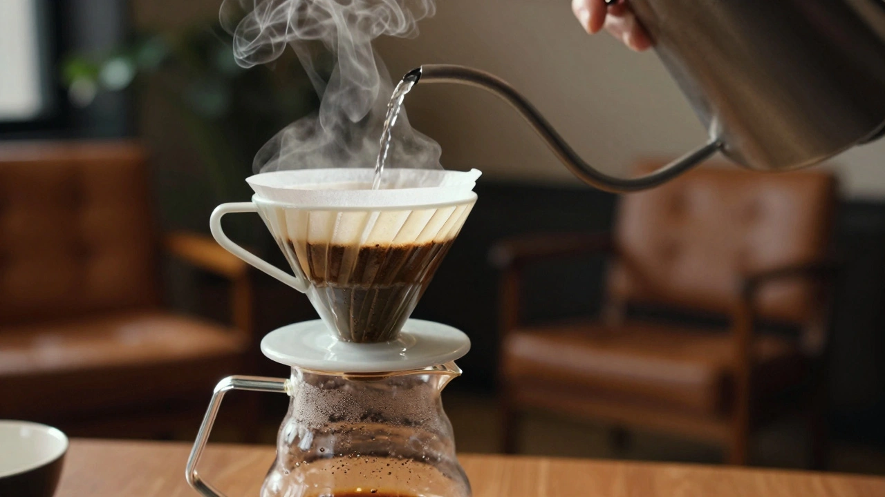 Close-up of a V60 pour-over coffee brewing with steam rising in a vintage cafe