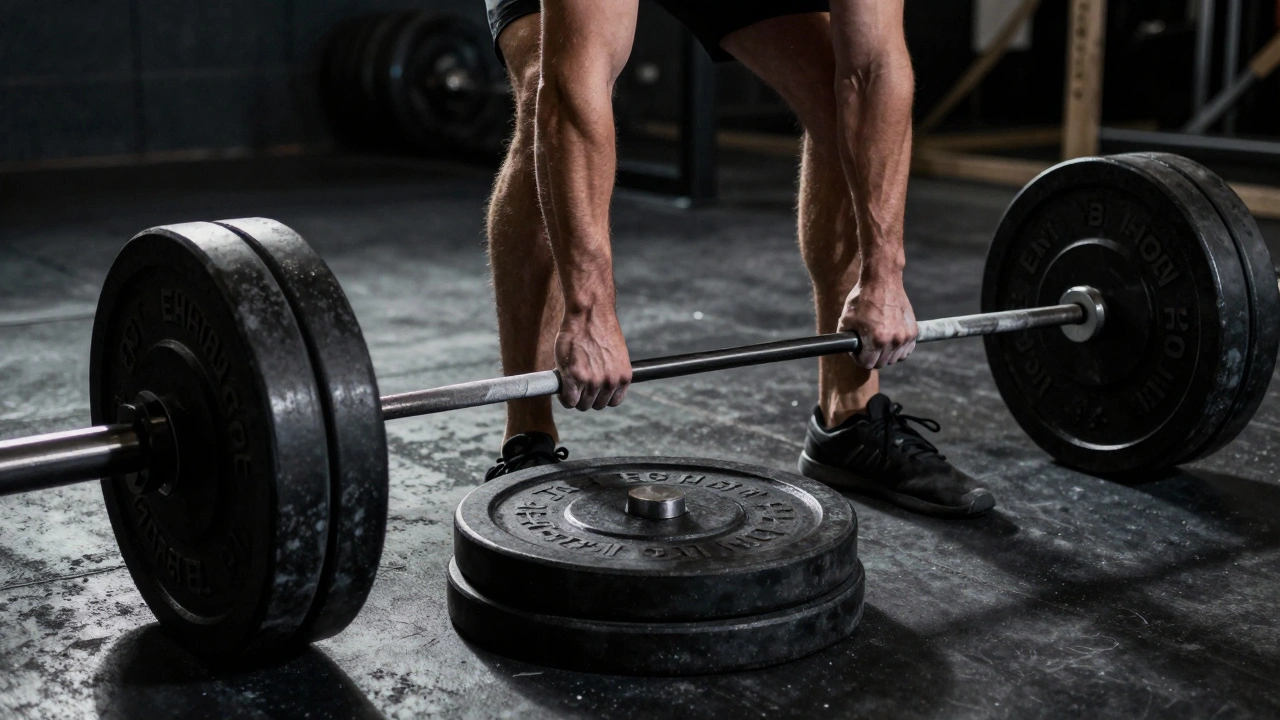 Close-up of chalked hands gripping a heavy barbell in a gritty warehouse gym