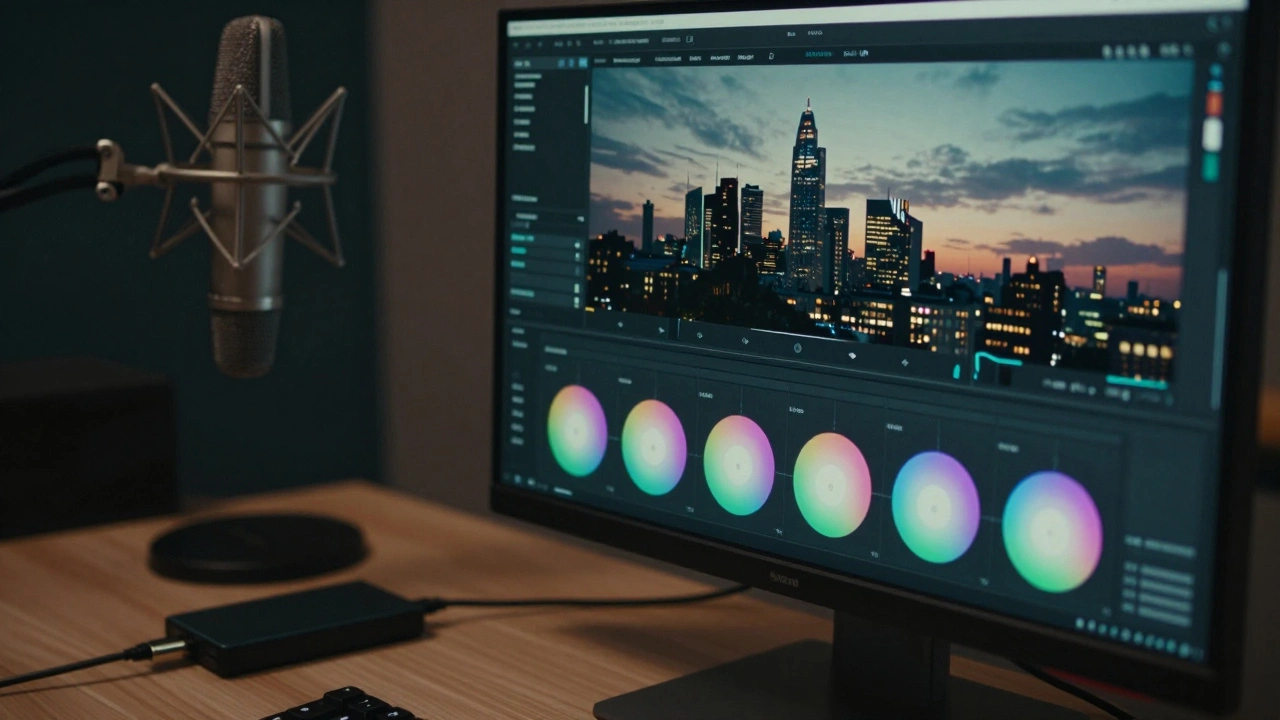 Close-up of professional color grading software displaying the London skyline