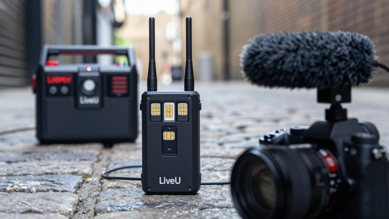 Close-up of professional streaming gear including a cellular bonding unit and wireless mic in Shoreditch
