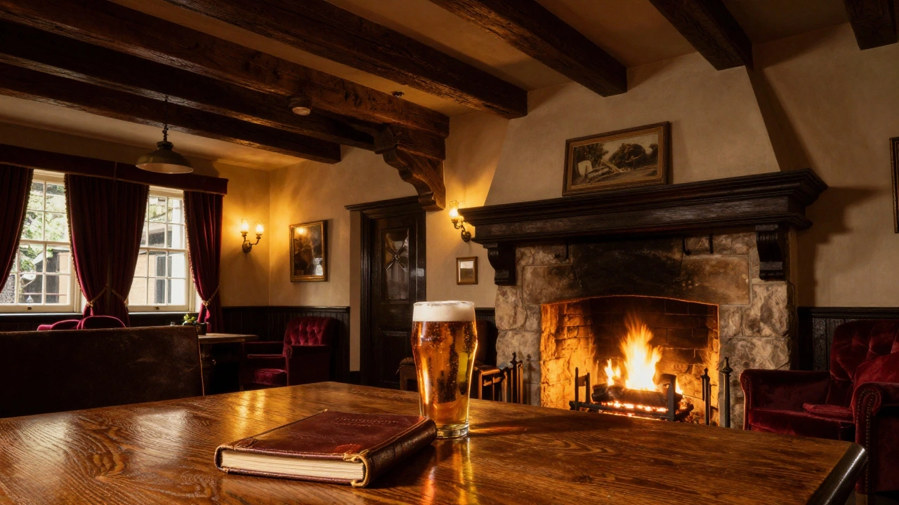 Cozy interior of a historic inn featuring oak beams, a roaring fireplace, and a pint of ale on a wooden table.