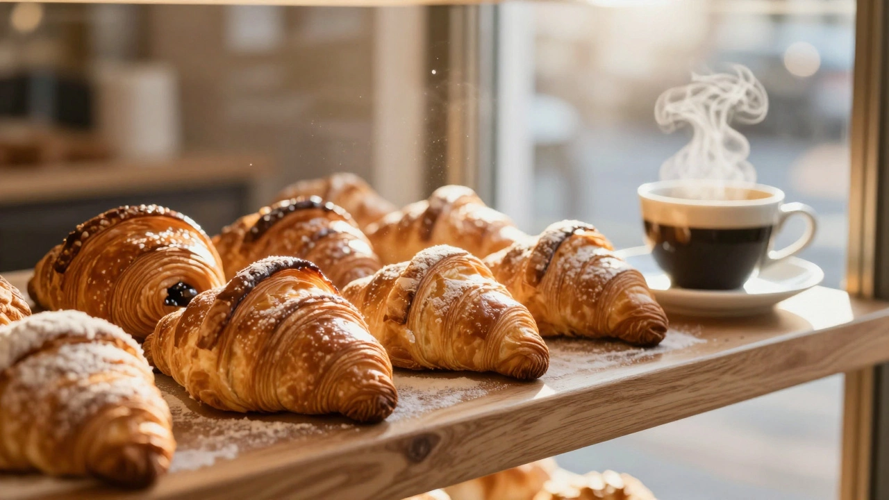 Freshly baked croissants and black coffee on a wooden shelf in a warm artisan bakery.