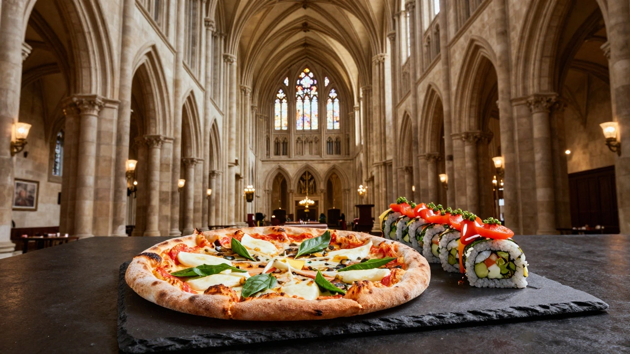 Gourmet vegan pizza and sushi inside the Mercato Mayfair converted church