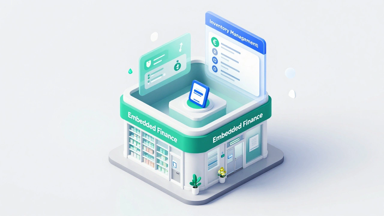 Isometric view of a pharmacy with an embedded finance digital interface