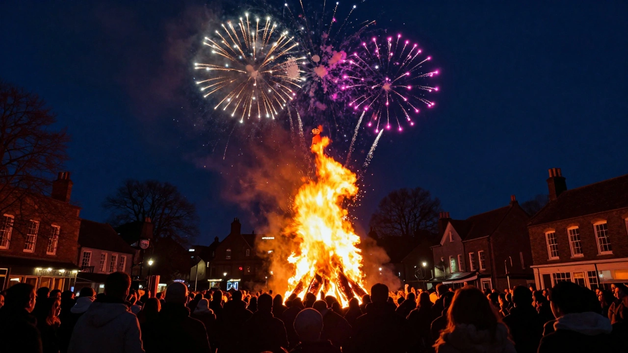 Large bonfire and fireworks in a town square during Bonfire Night