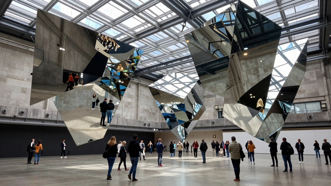 Large kinetic mirrors suspended in the vast, industrial space of the Tate Modern Turbine Hall.