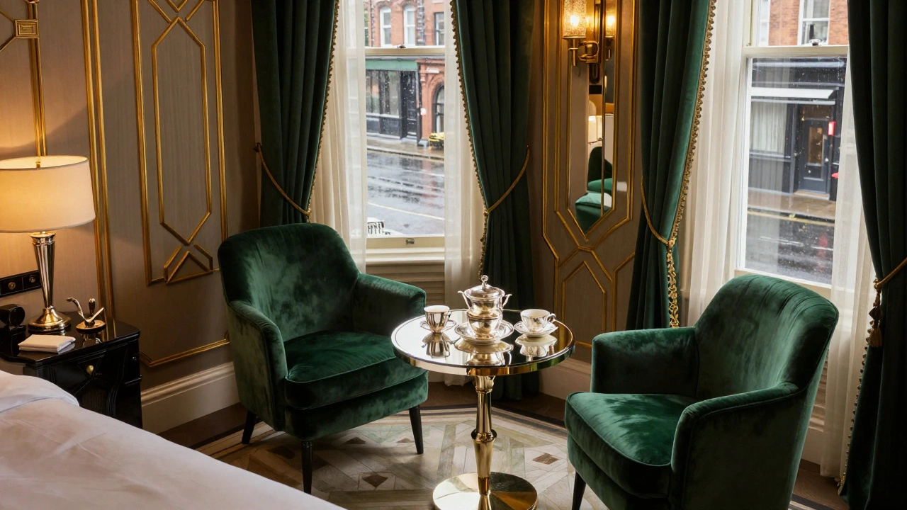 Luxury Art Deco hotel suite featuring a traditional silver tea service