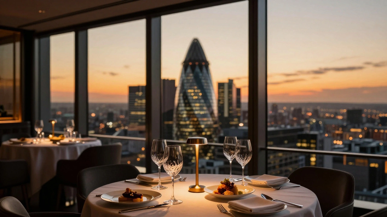Luxury dining table with a sunset view of the London skyline from The Shard