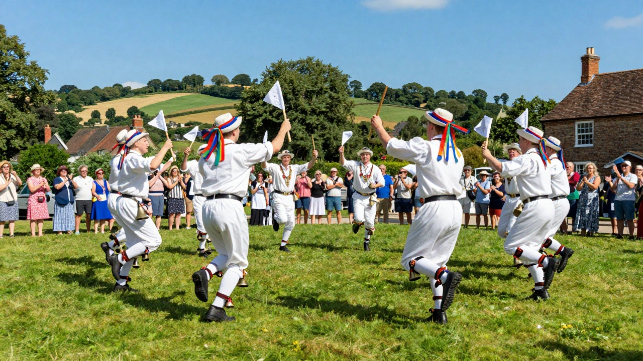 Morris dancers in traditional costume with bells and ribbons dancing in a sunny village square.