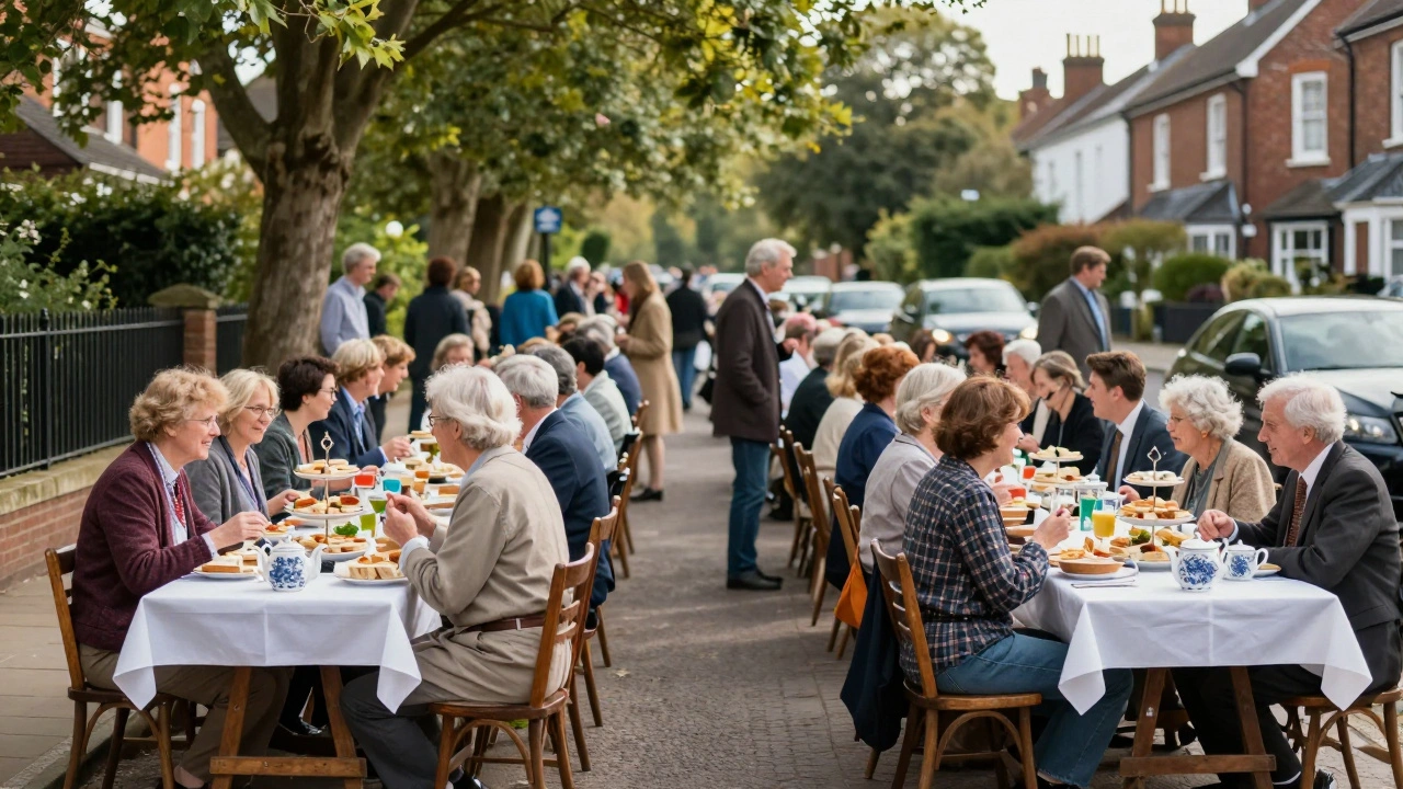 Neighborhood street party with long tables of food and tea in a UK suburb