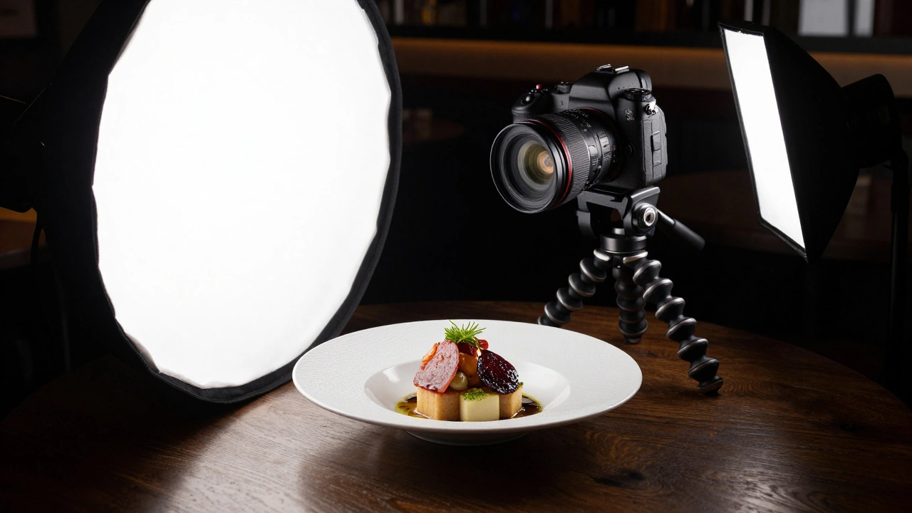 Professional camera and lighting setup for food photography in a restaurant