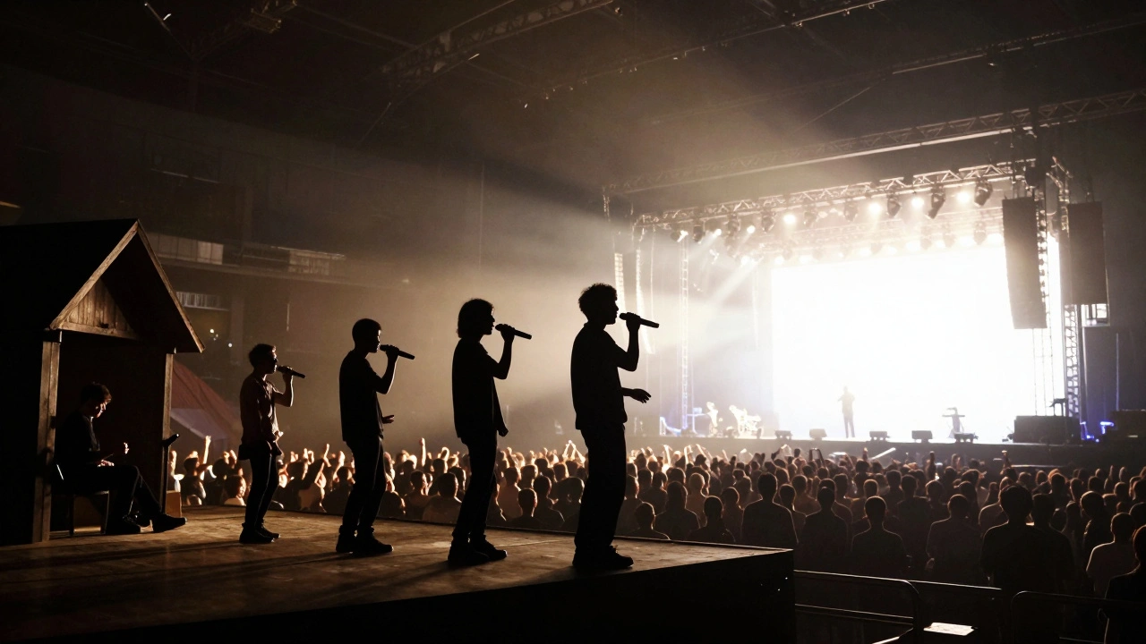 Silhouette sequence showing a musician's growth from a small club to a stadium