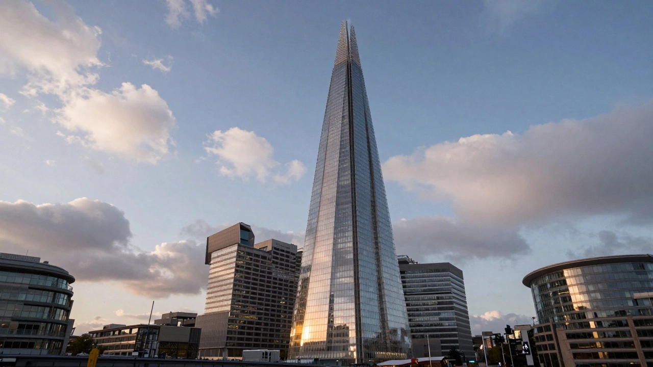 The Shard skyscraper piercing through clouds at sunset