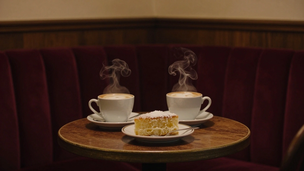 Two coffees and a slice of cake on a small table in a cozy, dim-lit classic cafe