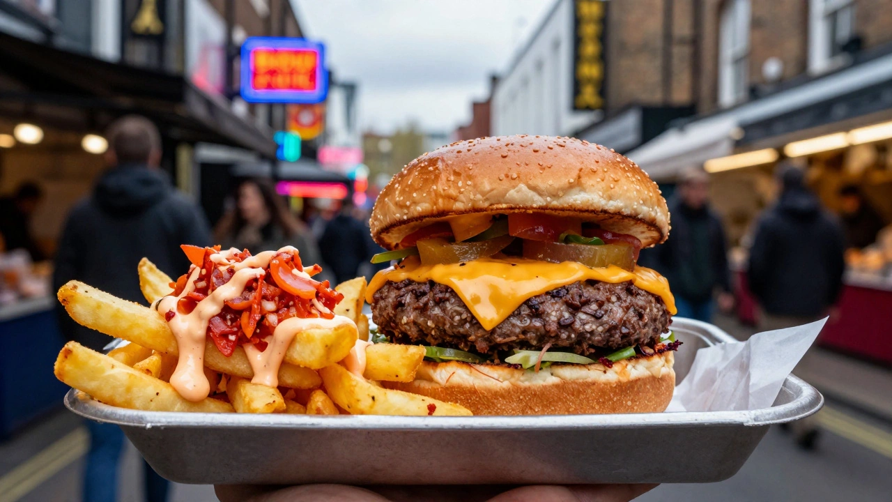 Vegan burger and loaded kimchi fries at Camden Market